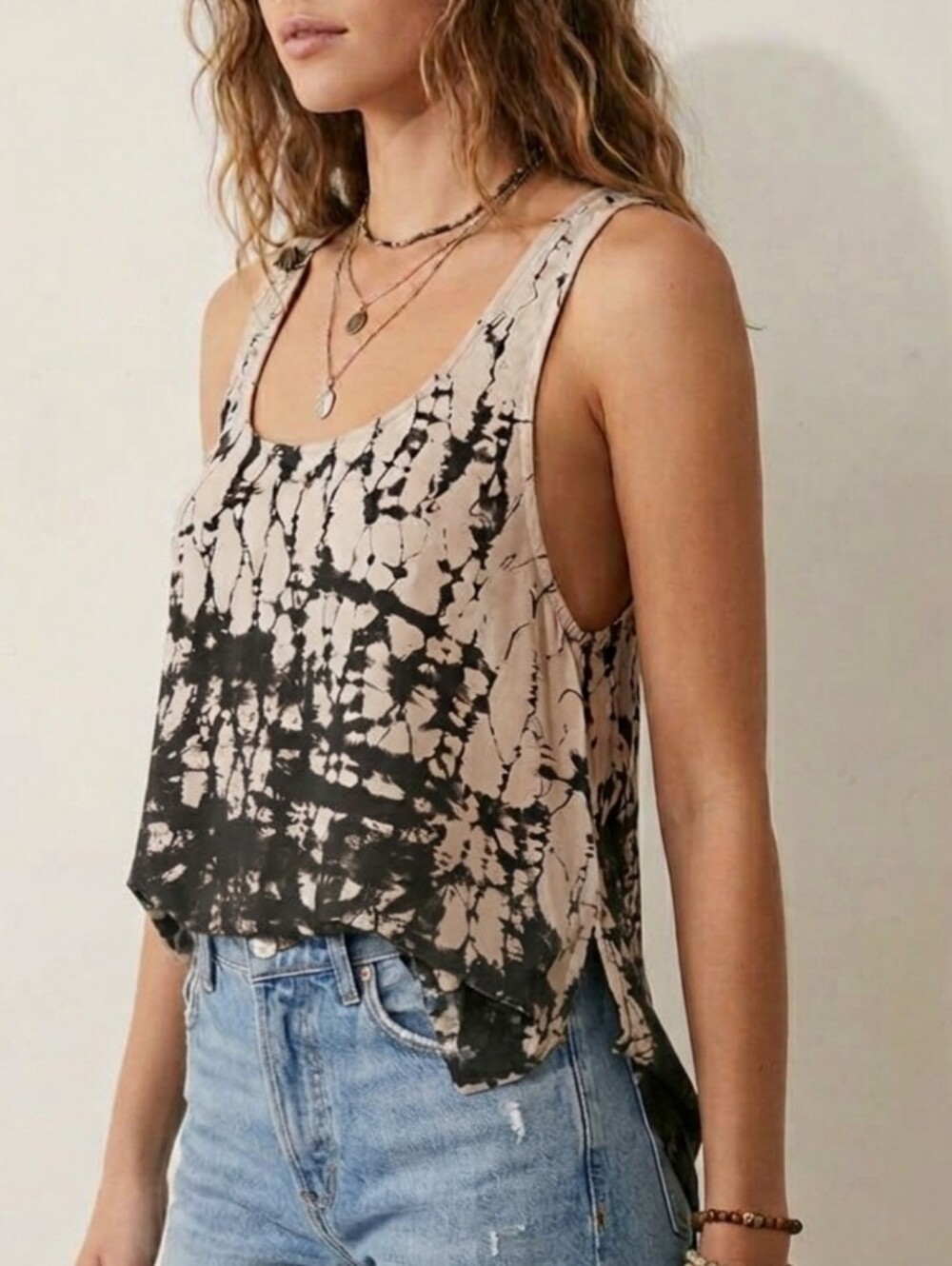 Gypsy 05 Silk Tie Dye Racerback Tank TopSize XS Black Beige High Low